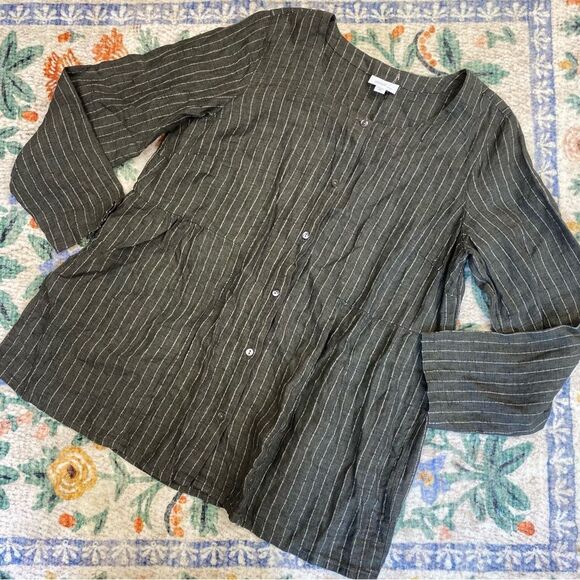 J. Jill PureJill Womens Tunic Top Size M Linen Button Front Scoop Neck Pinstripe - Picture 1 of 7